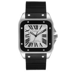 Cartier Santos 100 Steel Black Rubber Strap Mens Watch W20121U2