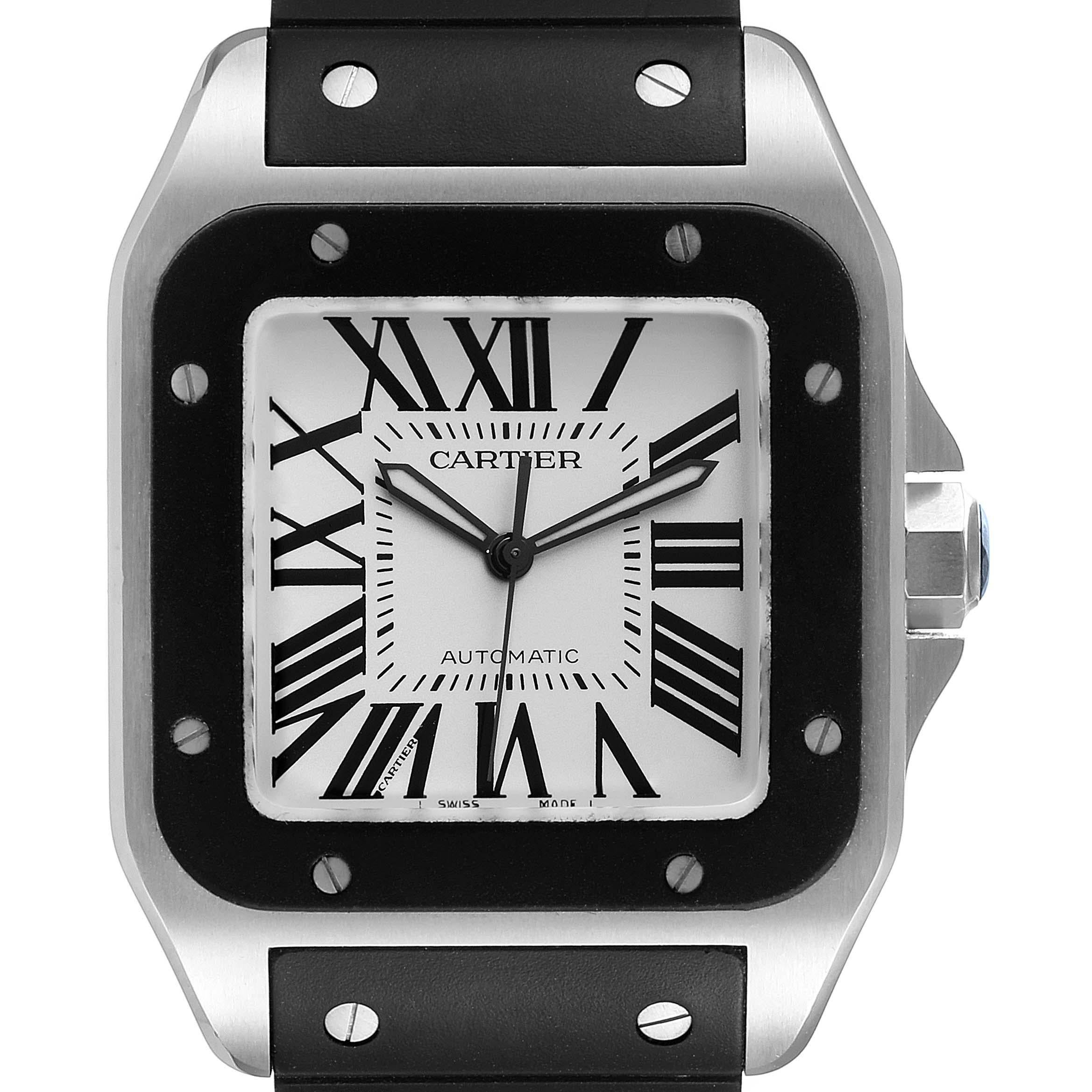 Cartier Santos 100 Steel Black Rubber Strap Mens Watch W20121U2. Automatic self-winding movement caliber 049. Three body brushed stainless steel case 38 mm. Protected octagonal crown set with the black rubber. Black rubber bezel punctuated with 8
