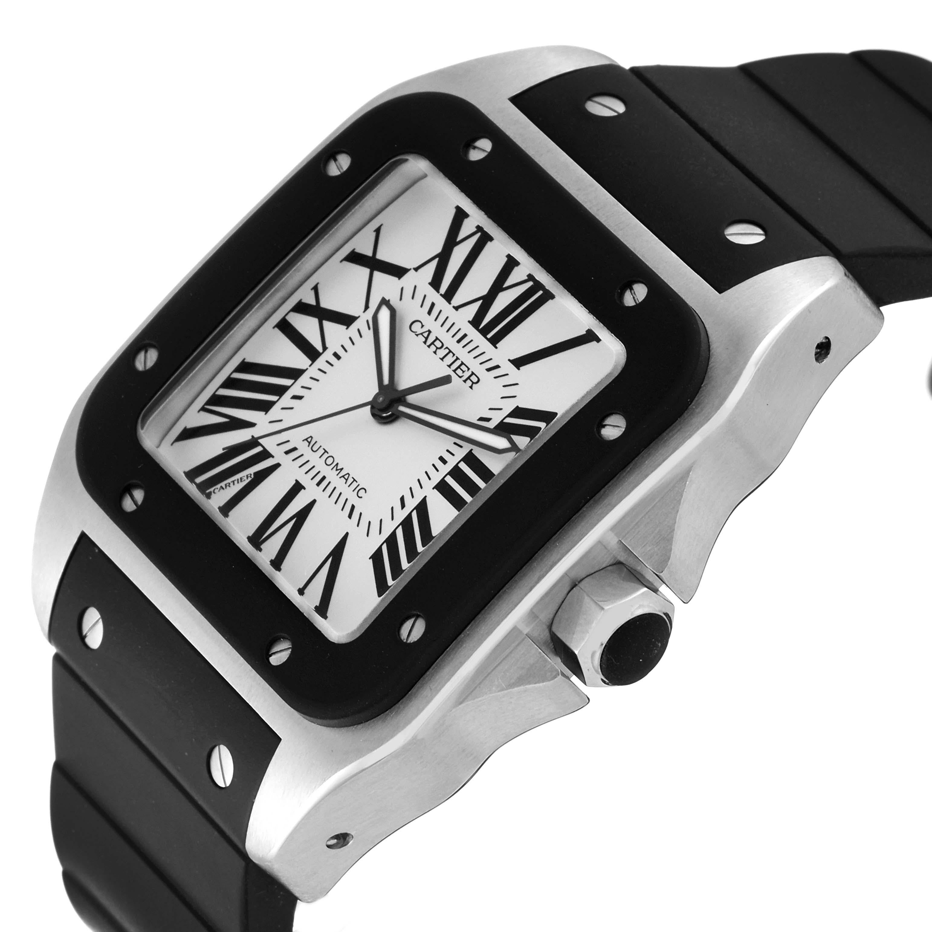 Cartier Santos 100 Steel Black Rubber Strap Mens Watch W20121U2 Papers. Automatic self-winding movement caliber 049. Three body brushed stainless steel case 38 mm. Protected octagonal crown set with black rubber. Black rubber bezel punctuated with 8