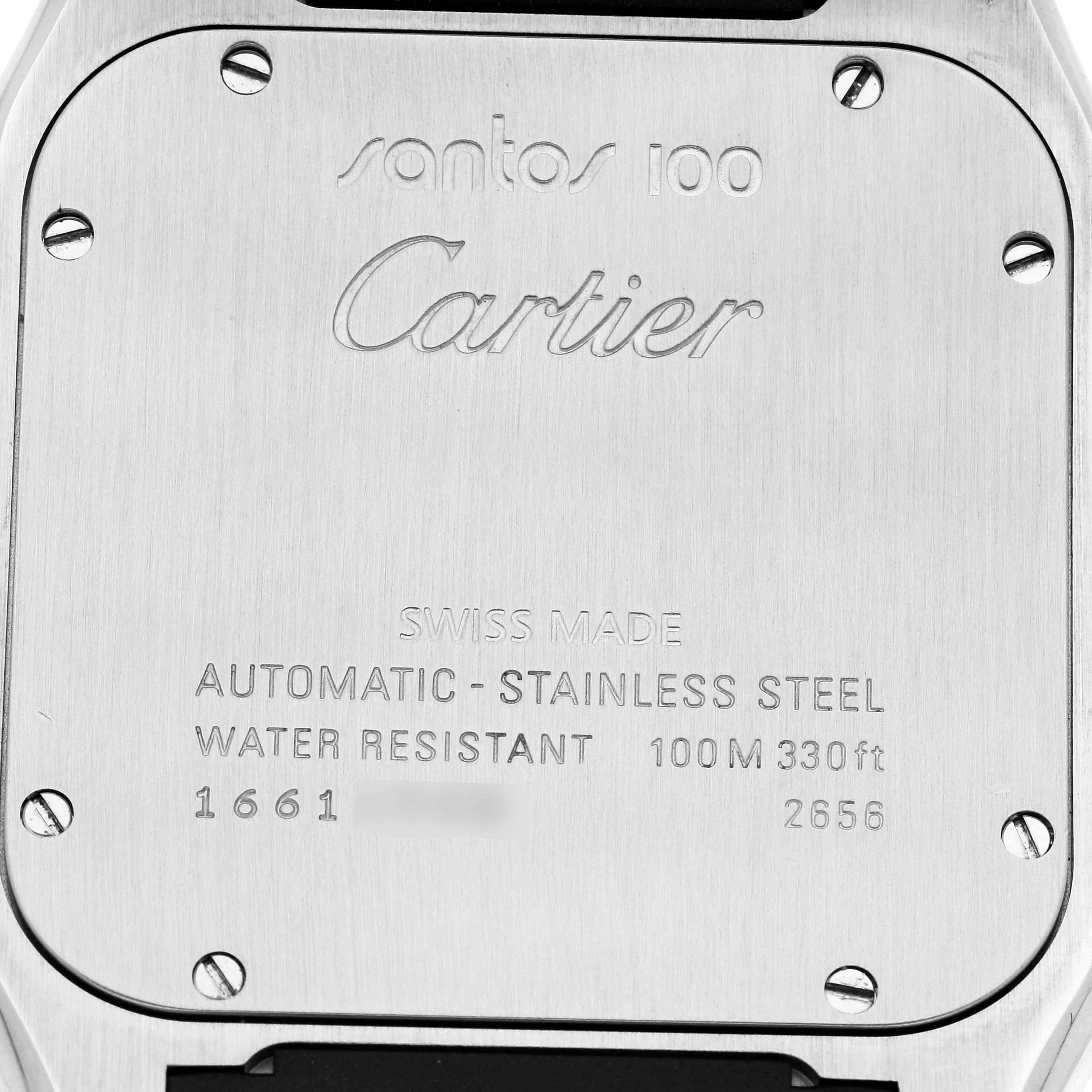 Cartier Santos 100 Steel Black Rubber Strap Mens Watch W20121U2 Papers In Excellent Condition In Atlanta, GA