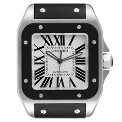 Cartier Santos 100 Steel Black Rubber Strap Mens Watch W20121U2 Papers