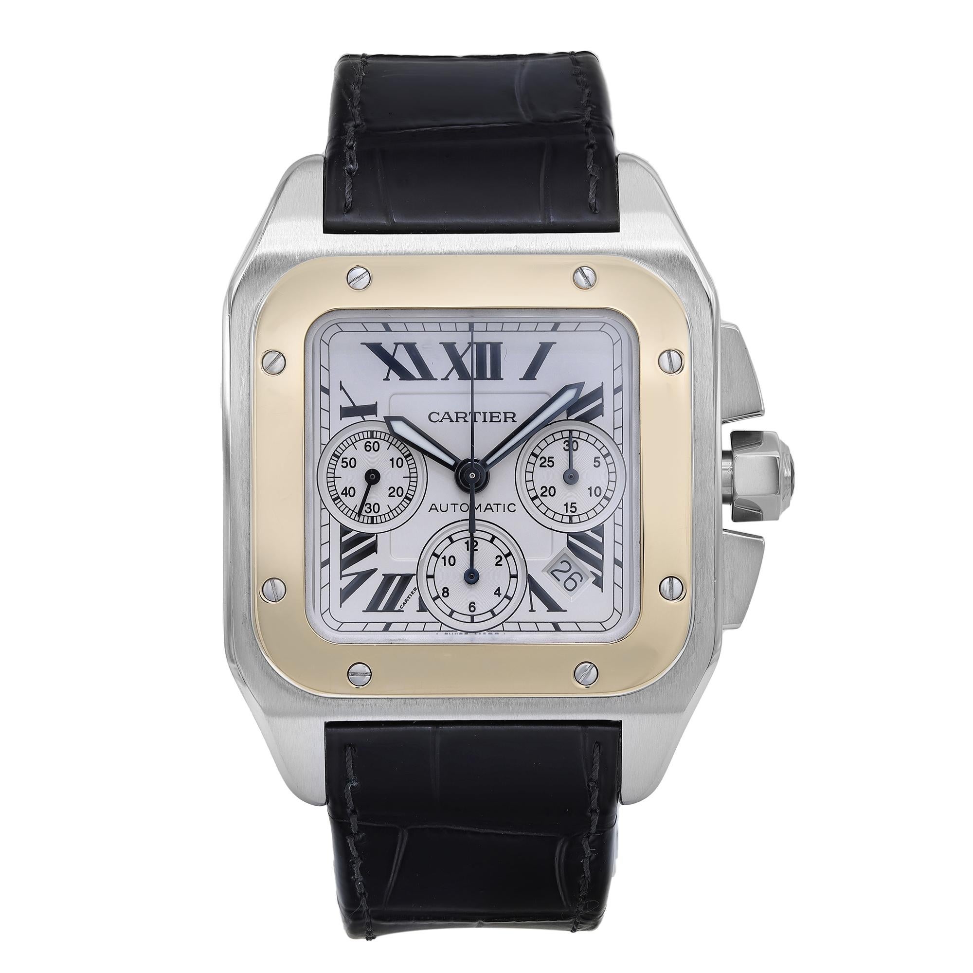 Cartier Santos 100 Steel Chronograph Silver Dial Automatic Mens Watch W20091X7