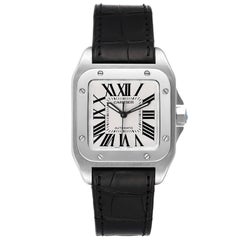 Cartier Santos 100 Steel Midsize Black Strap Mens Watch W20106X8