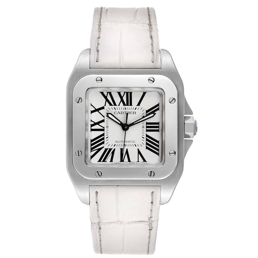 Cartier Santos 100 Steel Midsize White Strap Mens Watch W20106X8. Automatic self-winding movement caliber 076. Stainless steel case 33.0 mm. Protected octagonal crown set with the faceted spinel. Stainless steel bezel punctuated with 8 signature