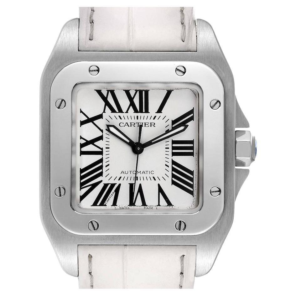 Cartier Santos 100 Steel Midsize White Strap Mens Watch W20106X8