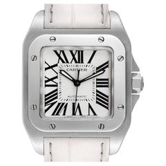 Cartier Santos 100 Steel Midsize White Strap Mens Watch W20106X8