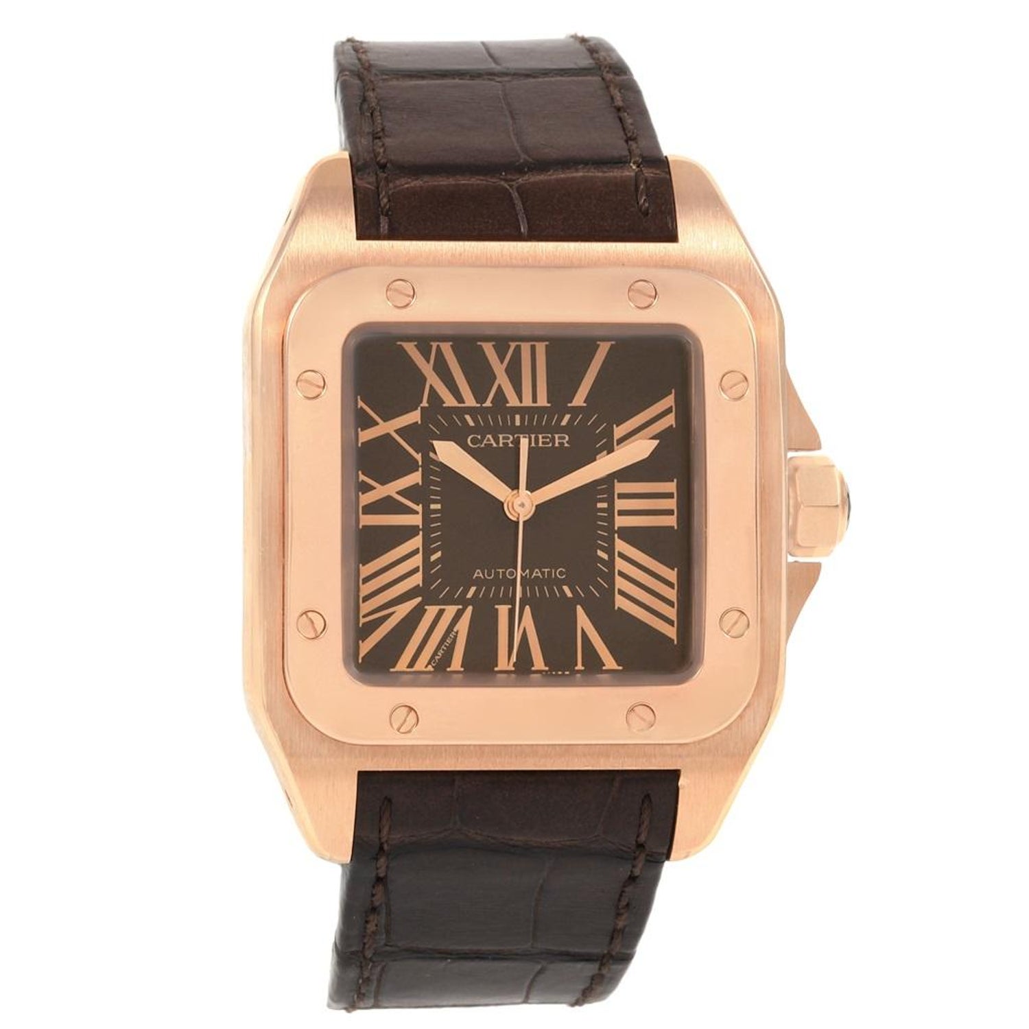 Cartier Santos 100 Steel Rose Gold Brown Dial Men S Watch W20127y1 For Sale At 1stdibs