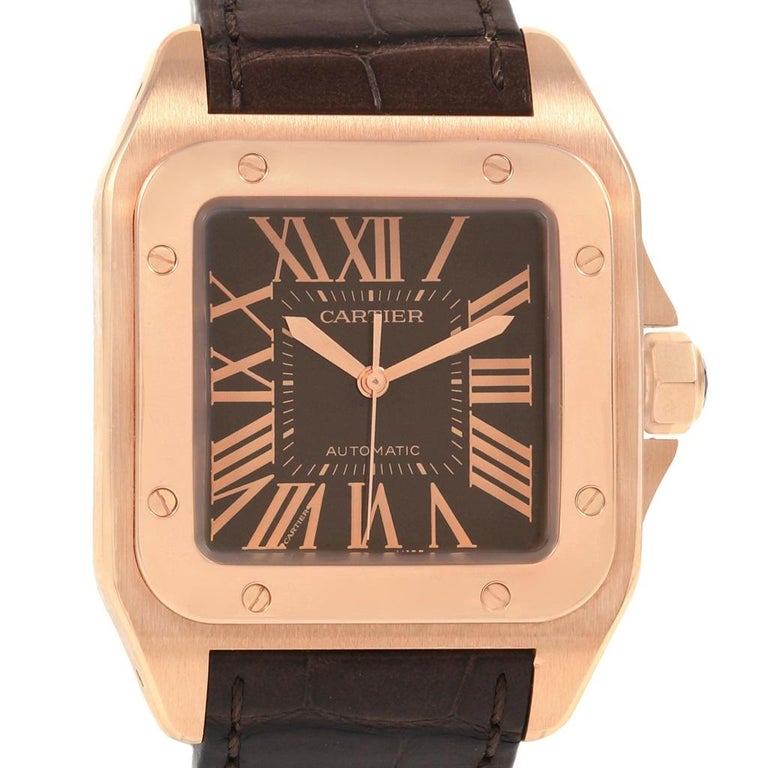 Cartier Santos 100 Steel Rose Gold Brown Dial Men S Watch W20127y1 For Sale At 1stdibs