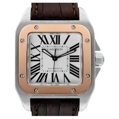 Cartier Santos 100 Steel Rose Gold Midsize Mens Watch W20107X7 Box Papers