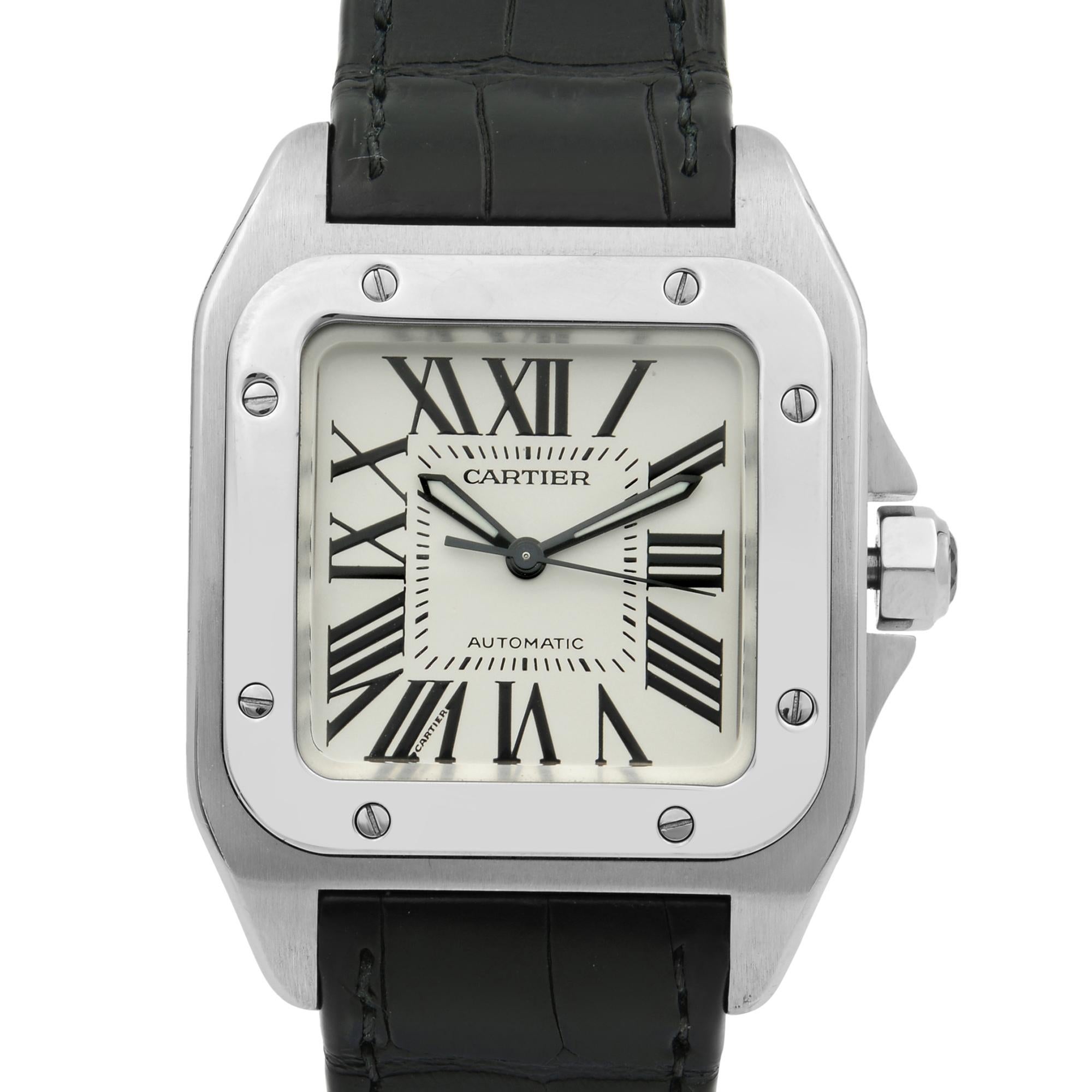 This pre-owned Cartier Santos 100 W20106X8 is a beautiful men's timepiece that is powered by mechanical (automatic) movement which is cased in a stainless steel case. It has a square shape face,  dial and has hand roman numerals style markers. It is