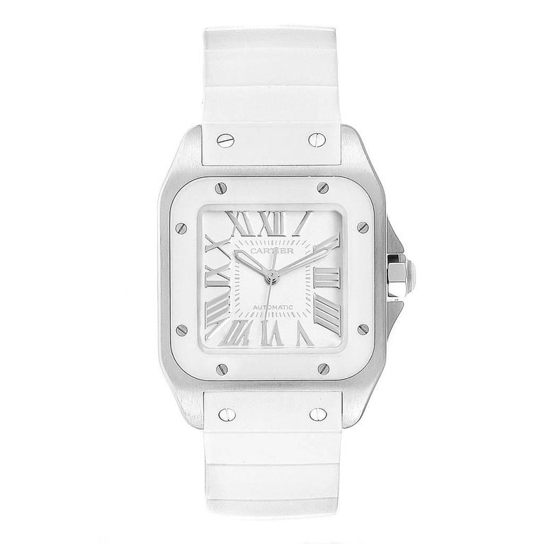 Cartier Santos 100 Steel White Rubber Ladies Watch W20129u2 For Sale At 1stdibs