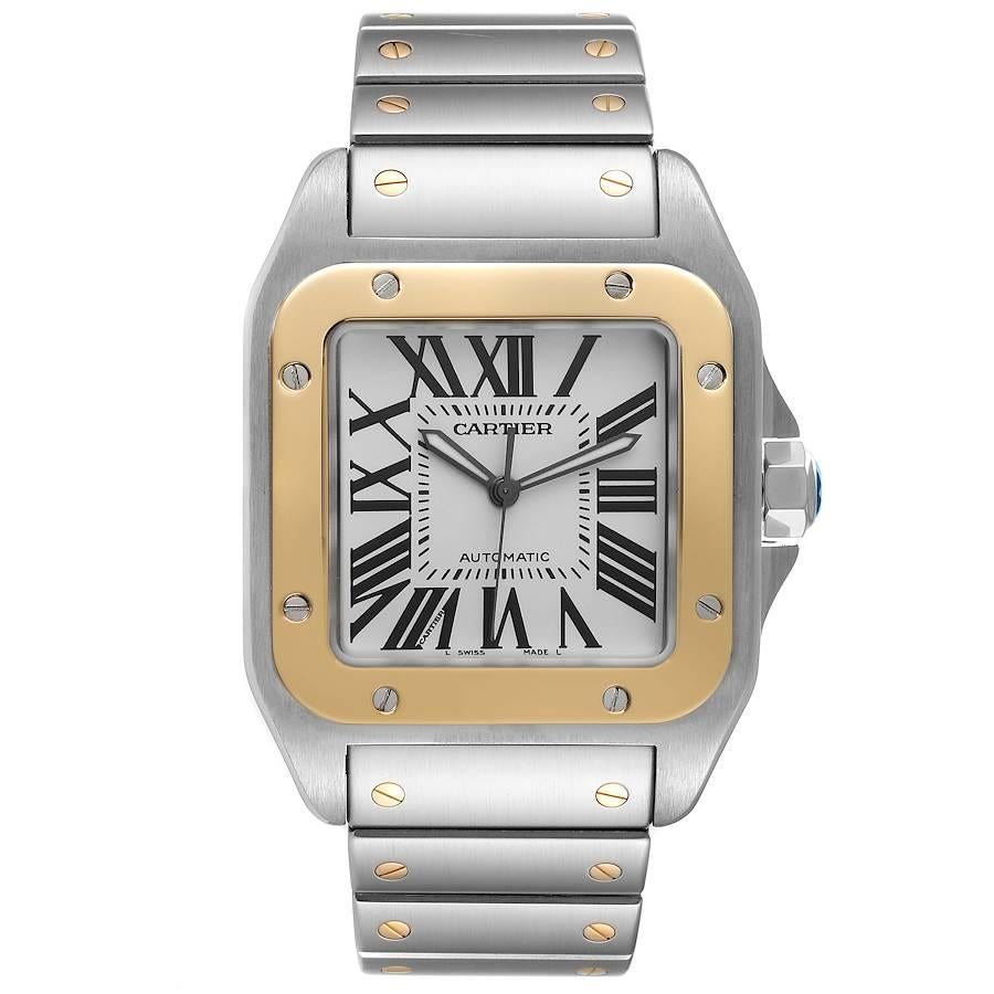 Cartier Santos 100 Steel Yellow Gold 38mm Mens Watch W200728G. Automatic self-winding movement caliber 049. Three body brushed stainless steel case 38.0 mm.  Stainless steel protected octagonal crown set with the faceted spinel. 18K yellow gold