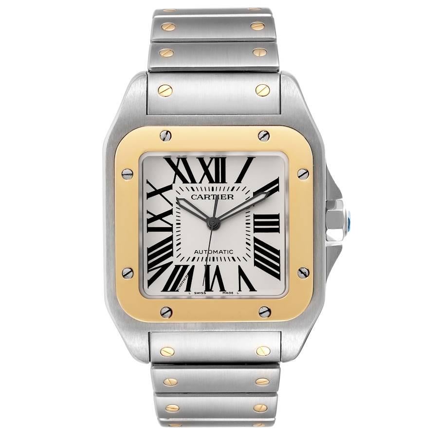 Cartier Santos 100 Steel Yellow Gold 38mm Mens Watch W200728G Papers. Automatic self-winding movement caliber 049. Three body brushed stainless steel case 38.0 mm.  Stainless steel protected octagonal crown set with the faceted spinel. 18K yellow