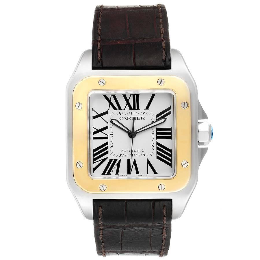 Cartier Santos 100 Steel Yellow Gold 38mm Mens Watch W20072X7. Automatic self-winding movement caliber 049. Three body brushed stainless steel case 38.0 mm. Stainless steel protected octagonal crown set with the faceted spinel. 18K yellow gold bezel