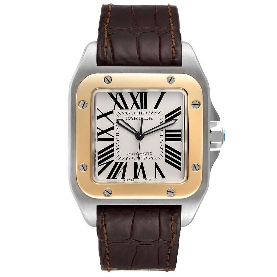 Cartier Santos 100 Steel Yellow Gold 38mm Silver Dial Mens Watch W20072X7. Automatic self-winding movement caliber 049. Three body brushed stainless steel case 38.0 mm.  Stainless steel protected octagonal crown set with the faceted spinel. 18K