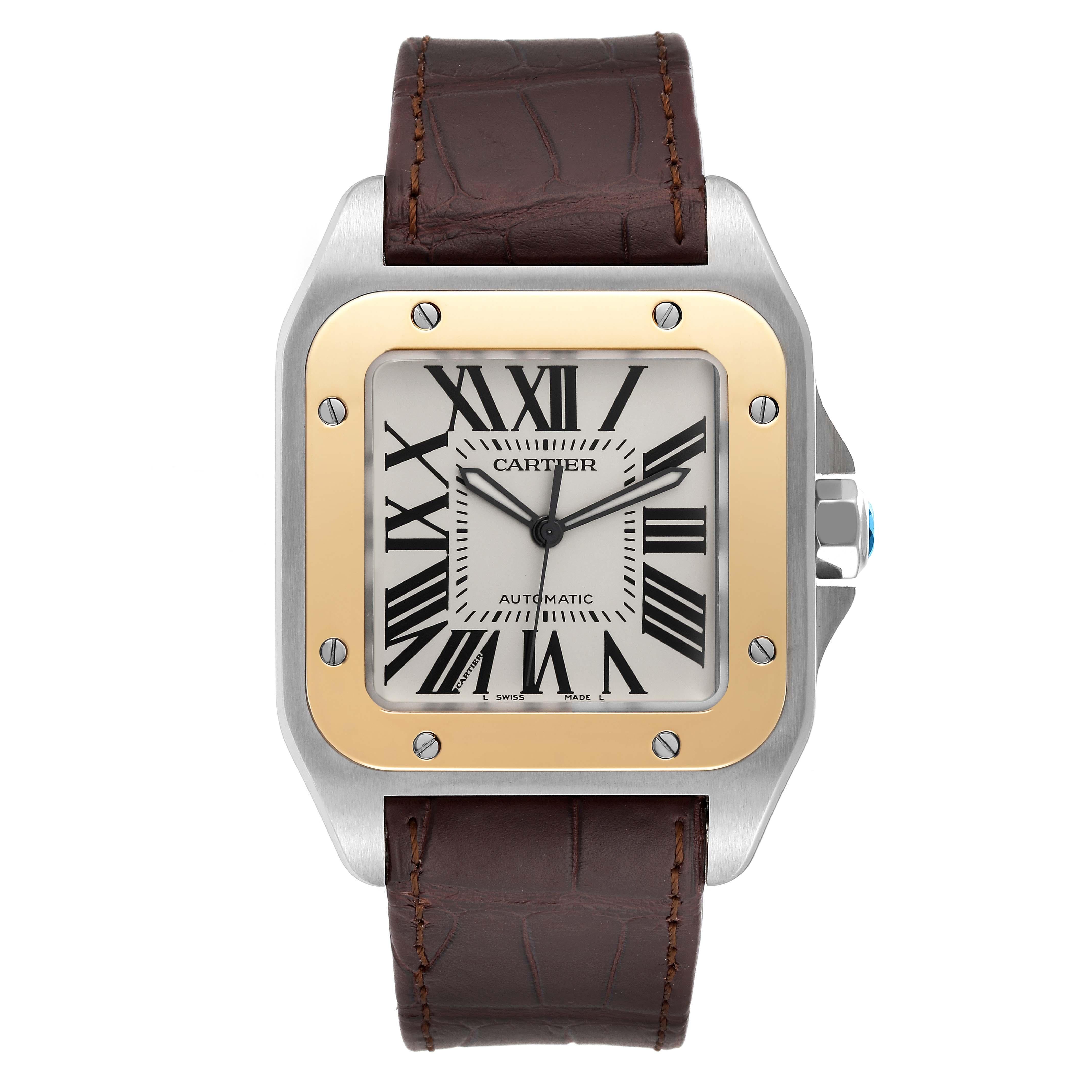 Cartier Santos 100 Steel Yellow Gold 38mm Silver Dial Mens Watch W20072X7. Automatic self-winding movement. Three body brushed stainless steel case 38.0 mm.  Stainless steel protected octagonal crown set with the faceted blue spinel. 18K yellow gold