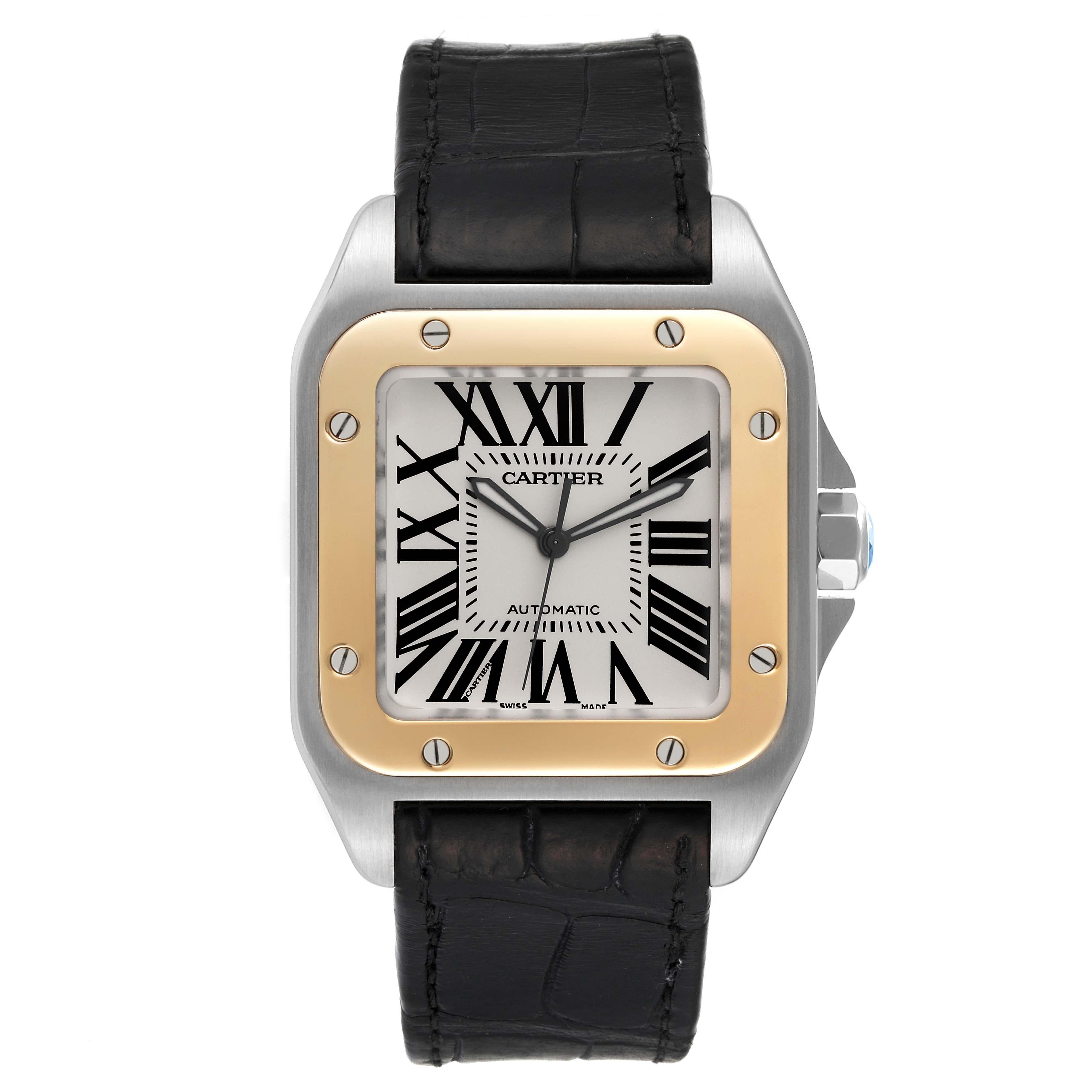 Cartier Santos 100 Steel Yellow Gold 38mm Silver Dial Mens Watch W20072X7. Automatic self-winding movement caliber 049. Three body brushed stainless steel case 38.0 mm.  Stainless steel protected octagonal crown set with the faceted blue spinel. 18K