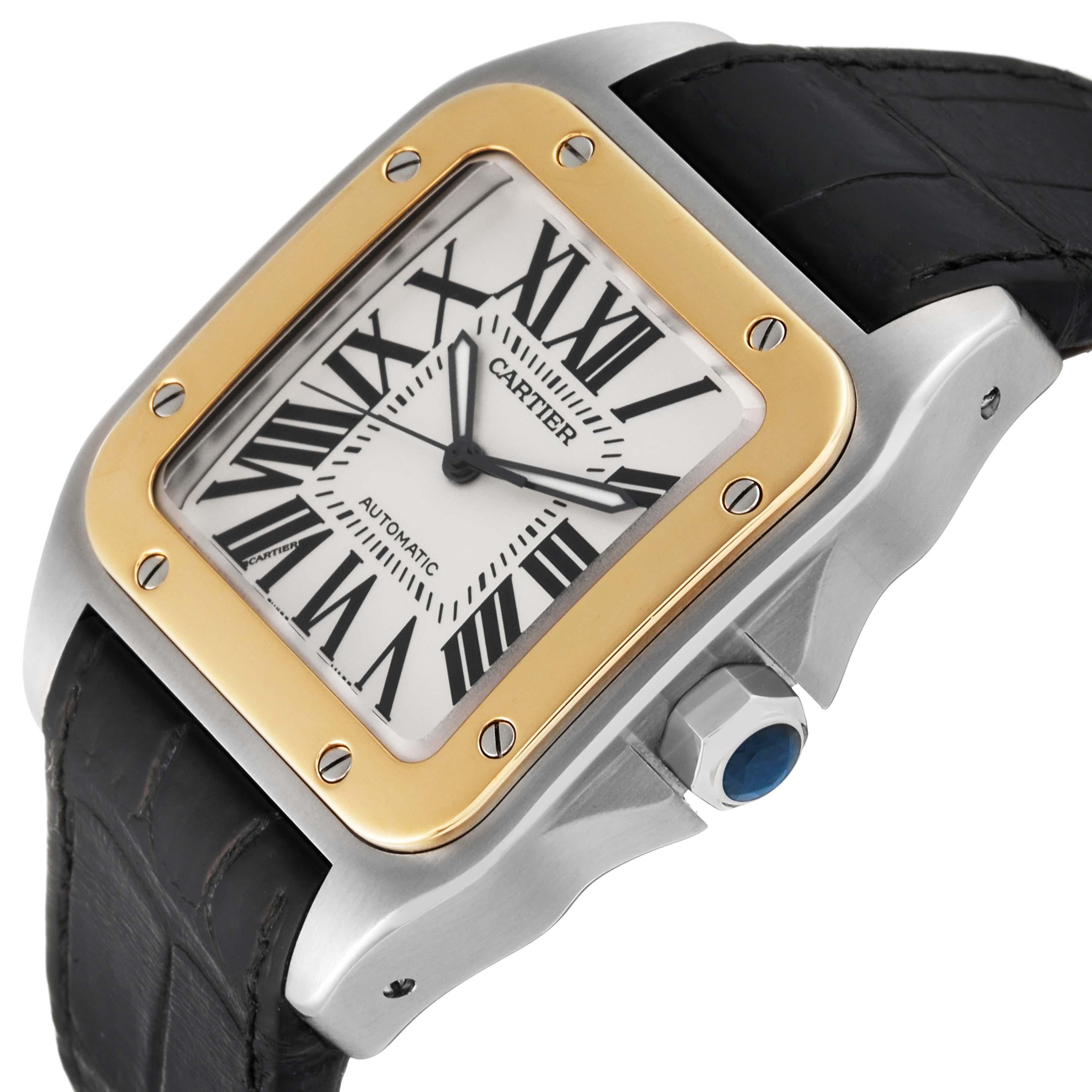 Cartier Santos 100 Steel Yellow Gold 38mm Silver Dial Mens Watch W20072X7 For Sale 3