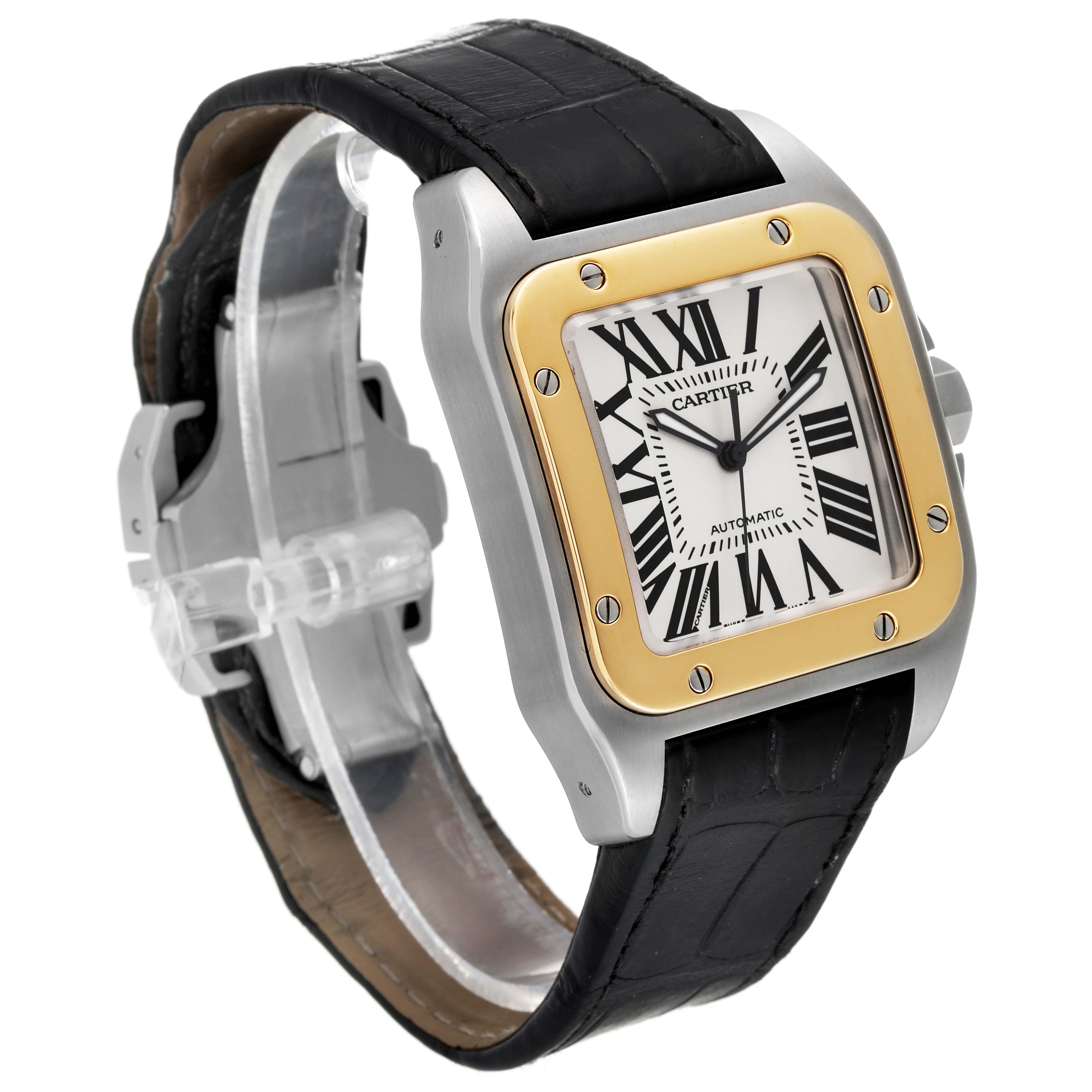 Cartier Santos 100 Steel Yellow Gold 38mm Silver Dial Mens Watch W20072X7 For Sale 4