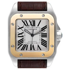 Cartier Santos 100 Steel Yellow Gold 38mm Silver Dial Mens Watch W20072X7