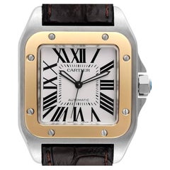 Cartier Santos 100 Steel Yellow Gold Silver Dial Watch W20072X7 Box Papers