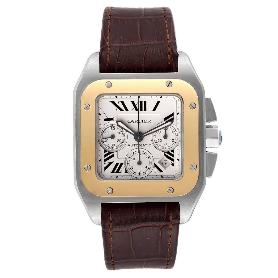 Cartier Santos 100 Steel Yellow Gold Chronograph Mens Watch W20091X7. Automatic self-winding movement, Caliber 8630. Brushed stainless case 55.2 x 41.5 mm. Protected octagonal crown set with a blue faceted cabochon. 18K yellow gold bezel punctuated
