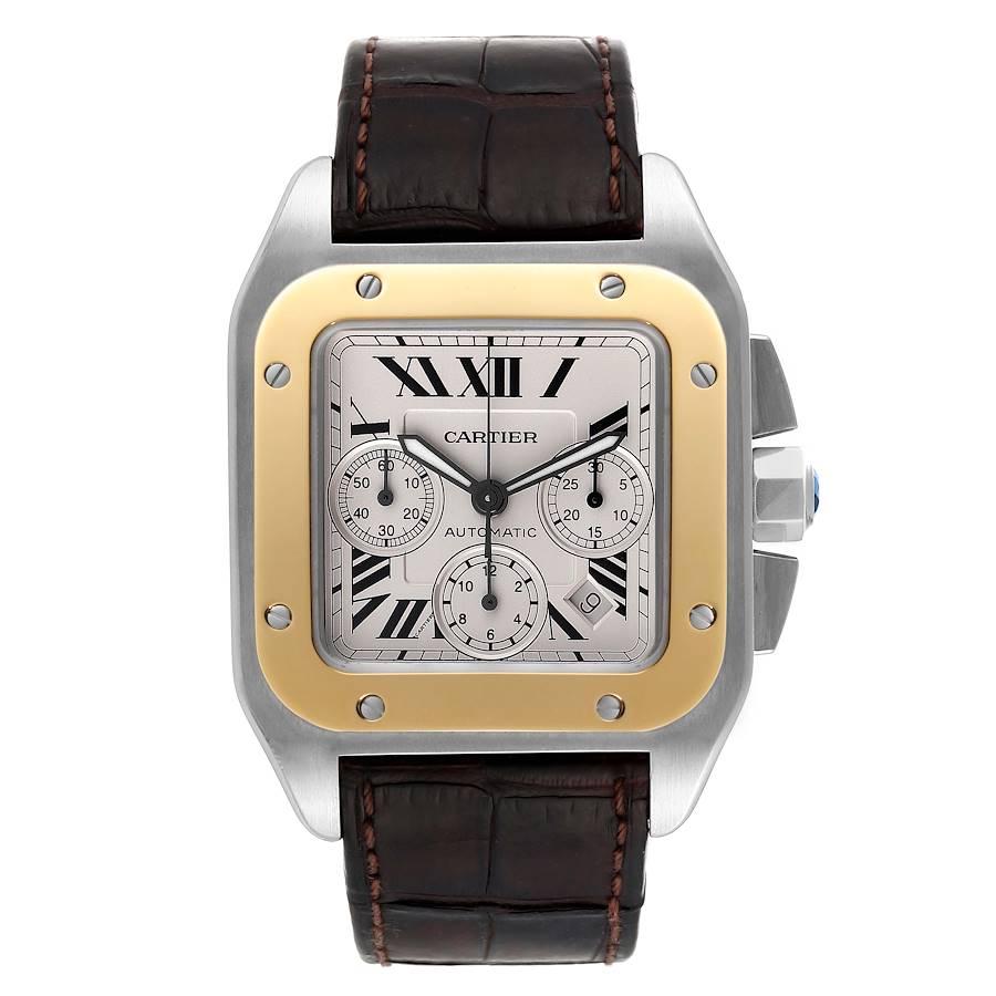 Cartier Santos 100 Steel Yellow Gold Chronograph Mens Watch W20091X7. Automatic self-winding movement, Caliber 8630. Brushed stainless case 55.2 x 41.5 mm. Protected octagonal crown set with a blue faceted cabochon. 18K yellow gold bezel punctuated