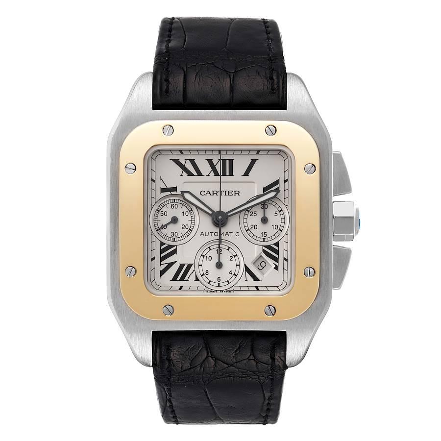 Orologio da uomo Cartier Santos 100 Cronografo in acciaio e oro giallo W20091X7. Movimento cronografico automatico a carica automatica, Calibro 8630. Cassa in acciaio inossidabile spazzolato 55,2 x 41,5 mm. Corona ottagonale protetta con cabochon di
