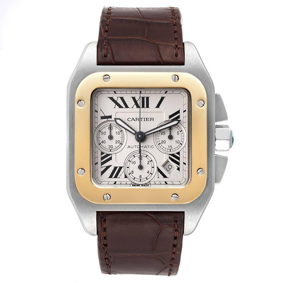 Cartier Santos 100 Steel Yellow Gold Chronograph Mens Watch W20091X7. Automatic self-winding movement caliber 8630. Three body brushed stainless case 55.2 x 41.5 mm. Protected octagonal crown set with a blue spinel. 18K yellow gold bezel punctuated