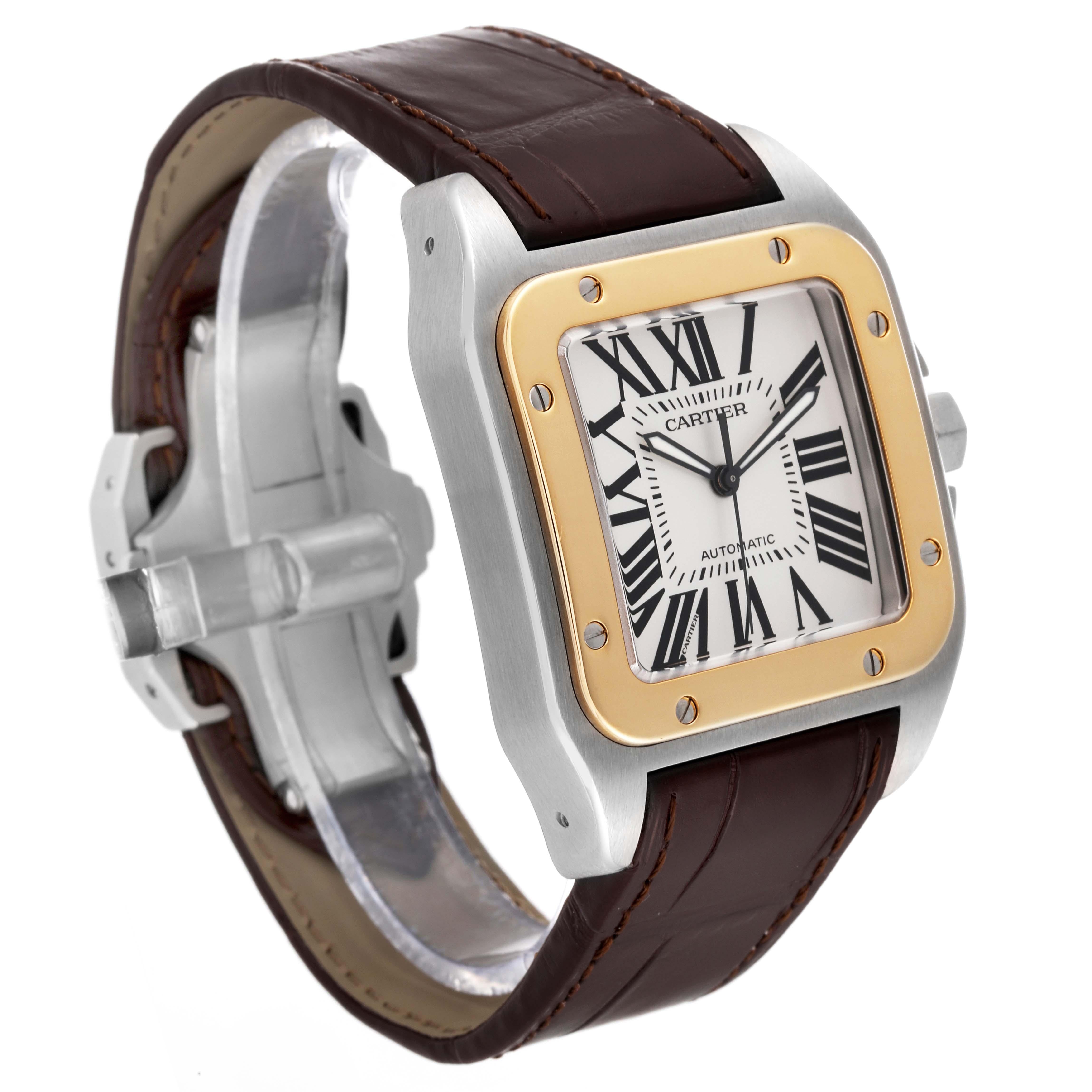Men's Cartier Santos 100 Steel Yellow Gold Silver Dial Mens Watch W20072X7 For Sale