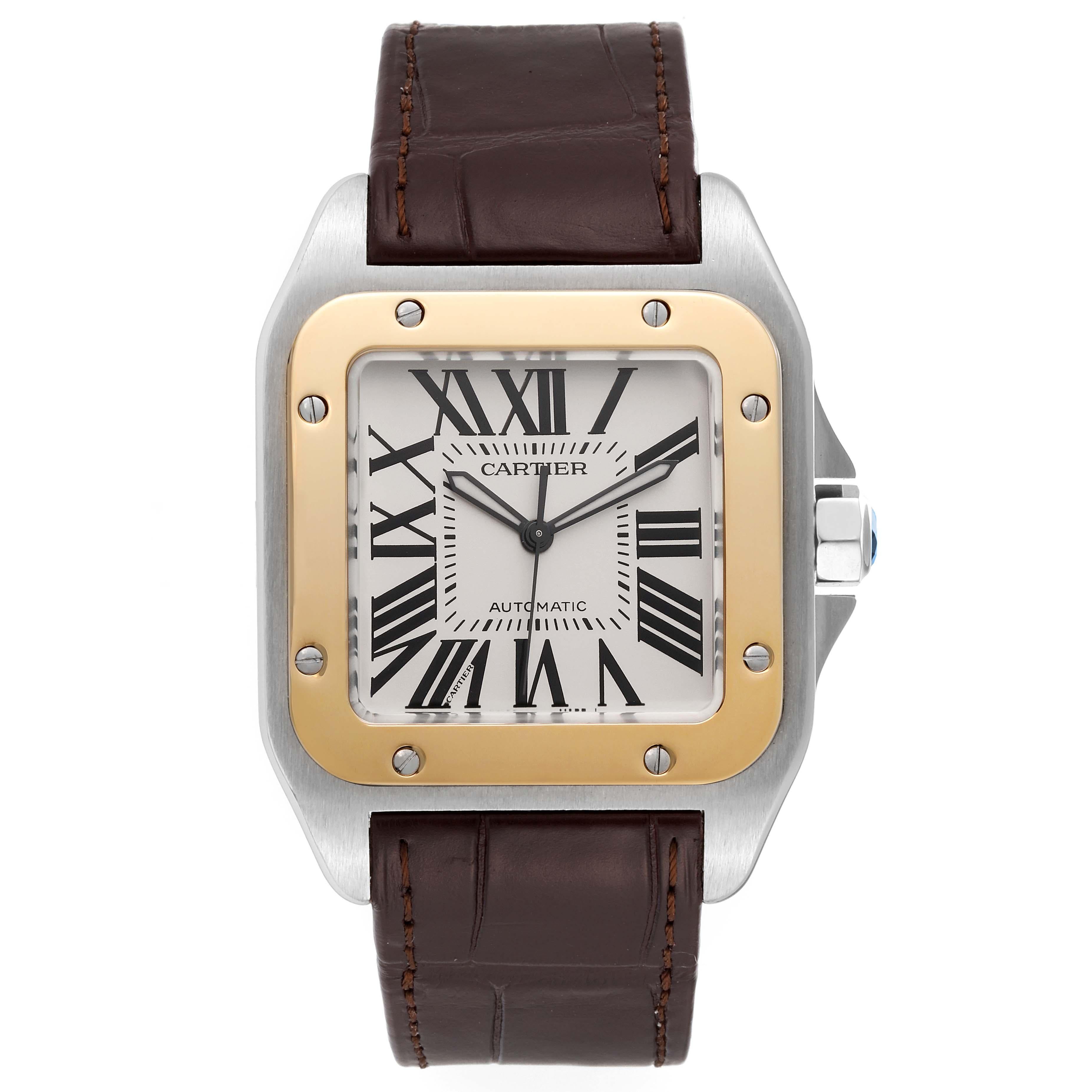 Cartier Santos 100 Steel Yellow Gold Silver Dial Mens Watch W20072X7 For Sale 1