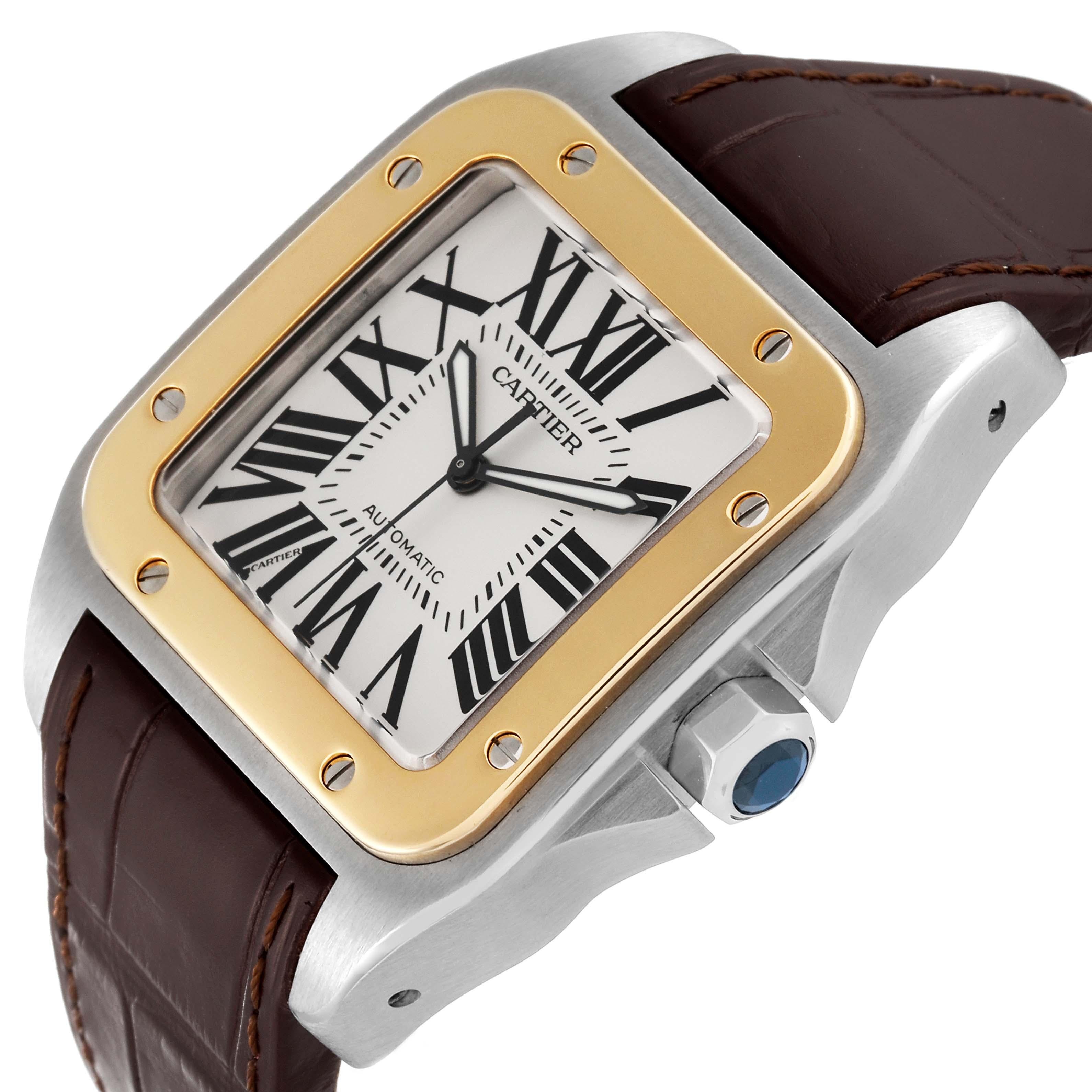 Cartier Santos 100 Steel Yellow Gold Silver Dial Mens Watch W20072X7 For Sale 2
