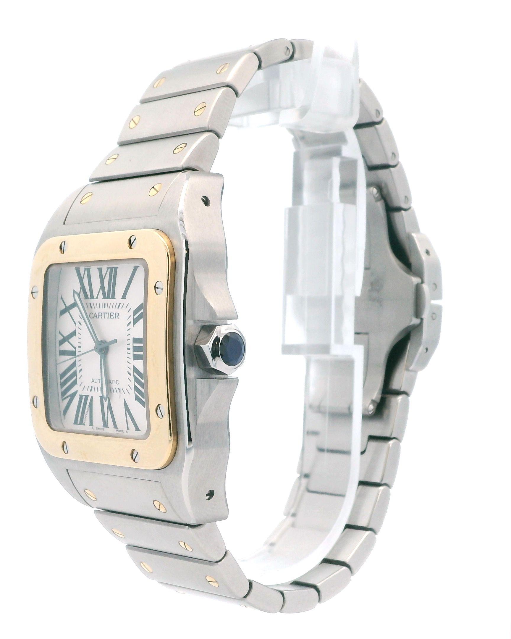 Cartier Santos-100 W200728G Mens Watch. 41.3 mm stainless steel case with 18K yellow gold fixed bezel and silver dial with black steel luminous hands and black Roman numeral hour markers. The bracelet comes fully linked and fit up to a 8.5-inch