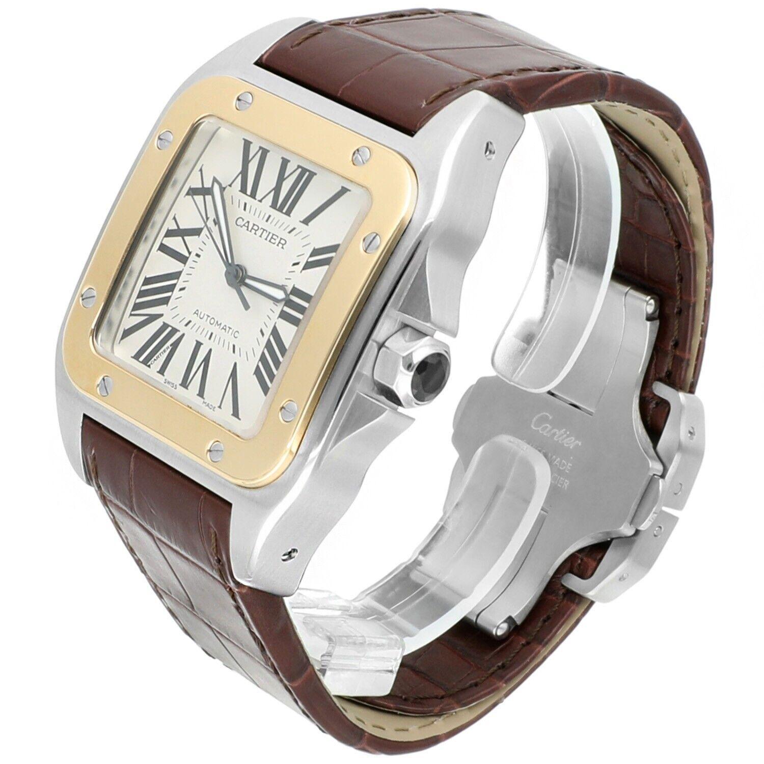 Cartier Santos 100 w20072x7 Stainless Steel/Yellow Gold White Dial Mens Watch In Excellent Condition For Sale In New York, NY