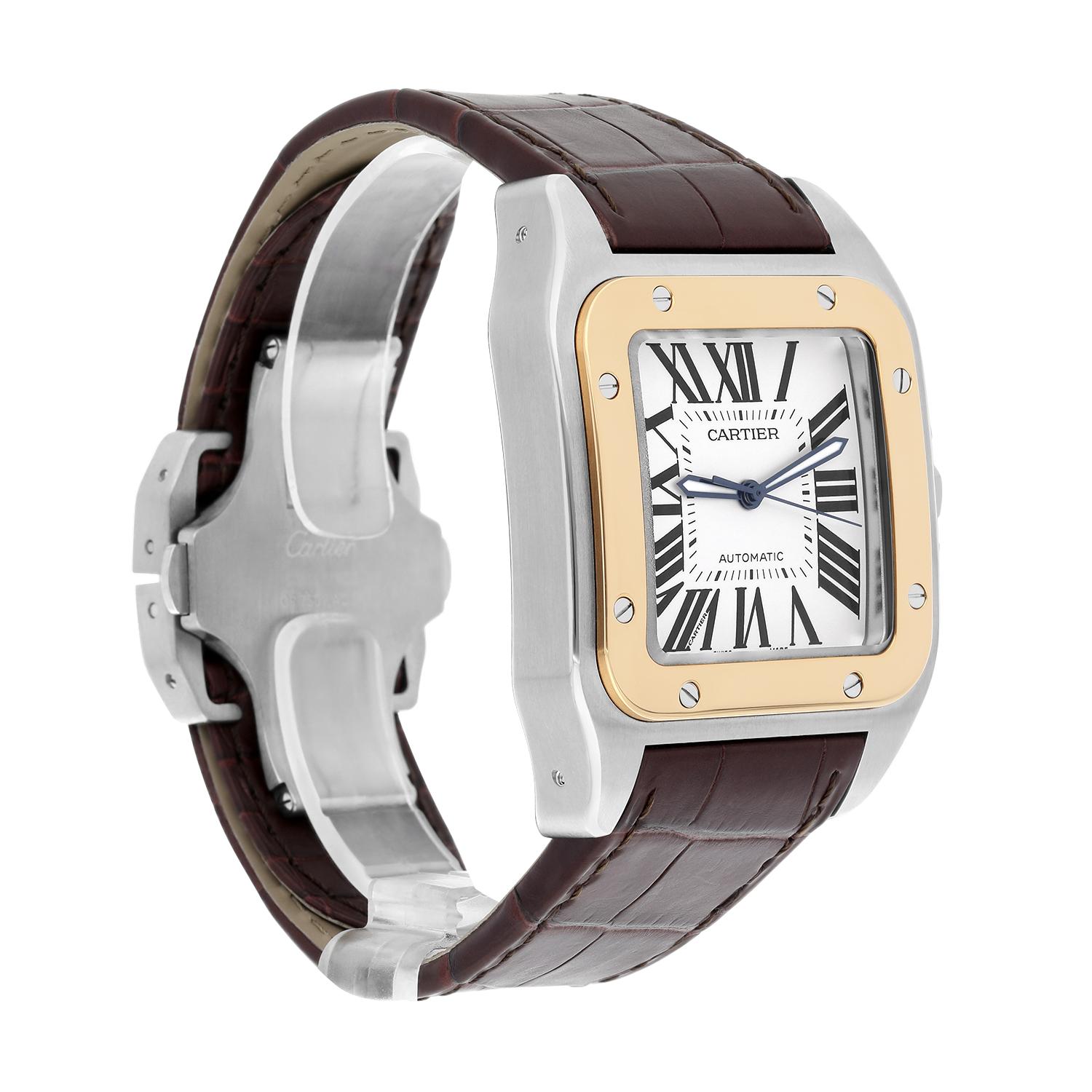 Cartier Santos 100 w20072x7 Stainless Steel/Yellow Gold White Dial Mens Watch For Sale 1