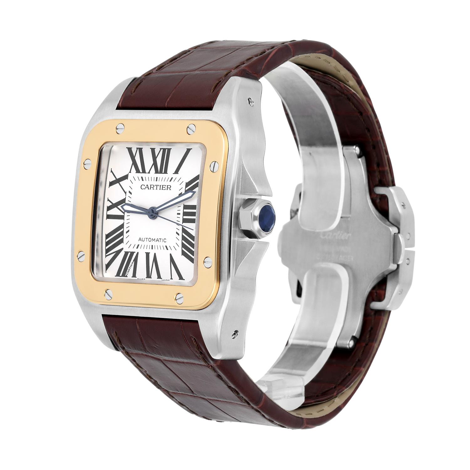 Cartier Santos 100 w20072x7 Stainless Steel/Yellow Gold White Dial Mens Watch In Excellent Condition For Sale In New York, NY