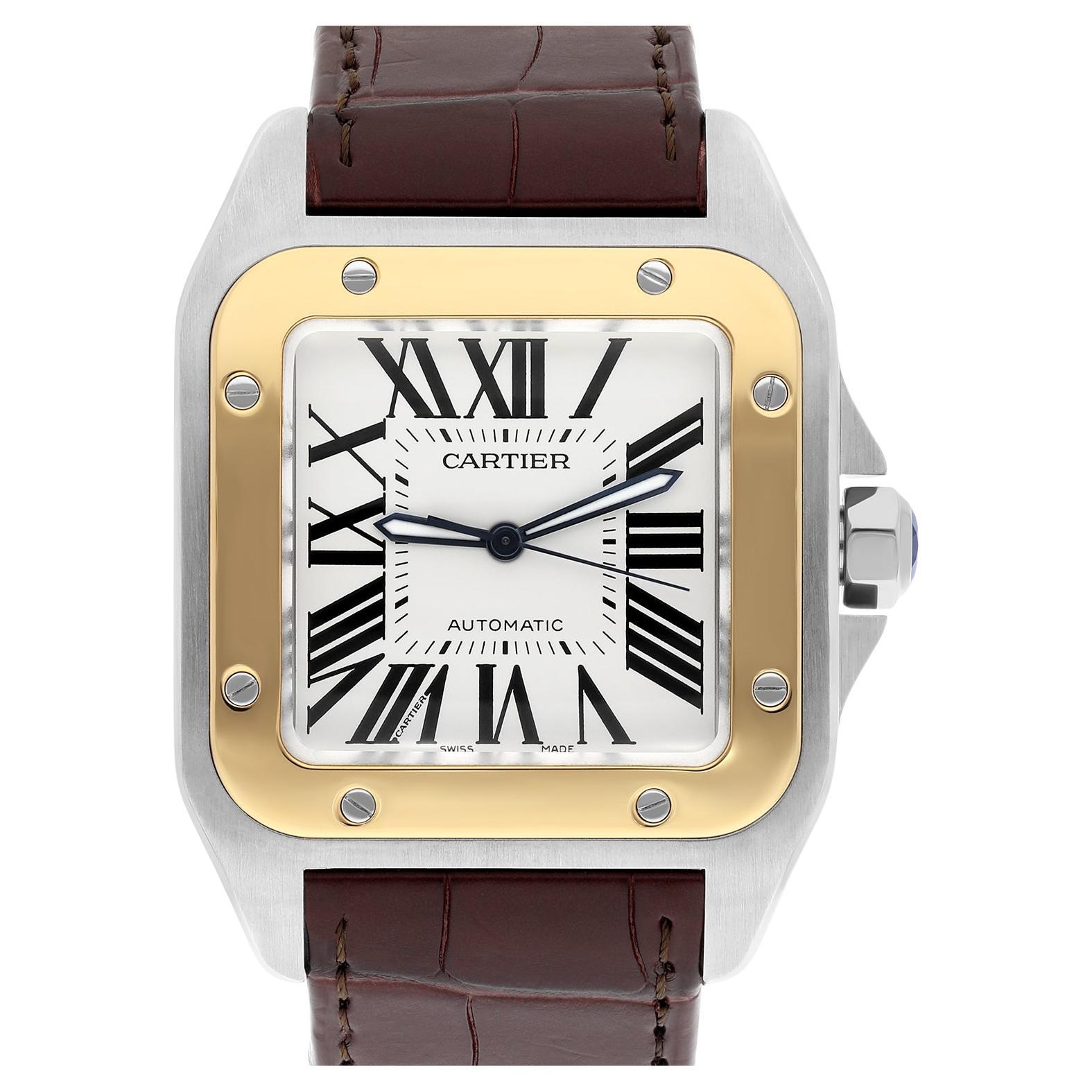 Montre Hommes Cartier Santos 100 w20072x7 Acier inoxydable/Or jaune Cadran blanc