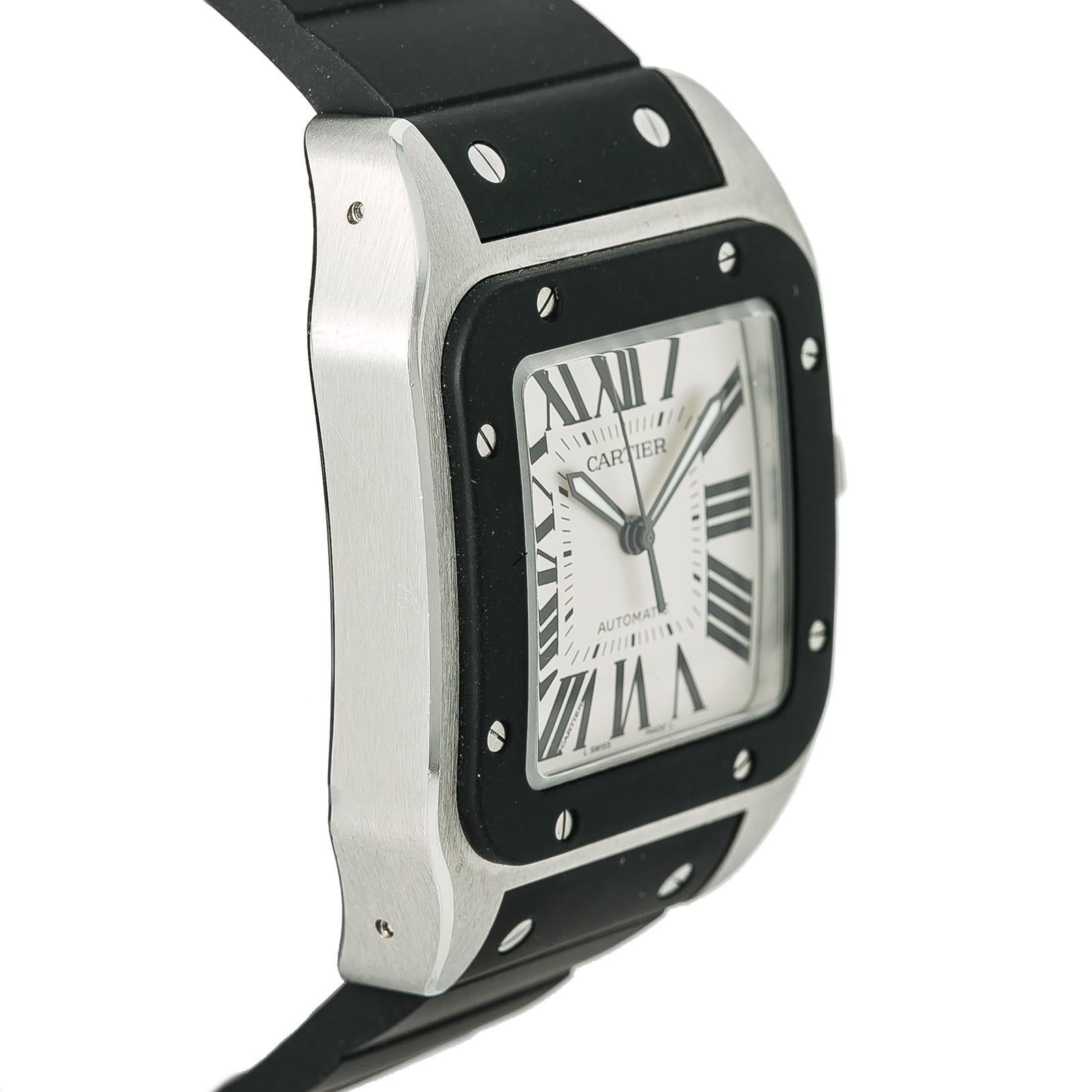 Contemporary Cartier Santos 100 W20121U2 With 8 mm Band, Rubber Bezel & Silver Dial
