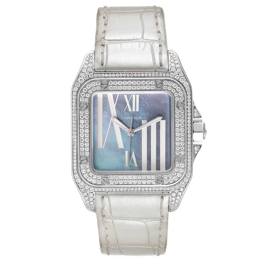 Cartier Santos 100 White Gold Blue MOP Dial Diamond Ladies Watch WM503251. Automatic self-winding movement. White gold case 33.0 x 33.0 mm. Protected octagonal crown set with the faceted diamond. Original Cartier factory diamond set lugs and case.