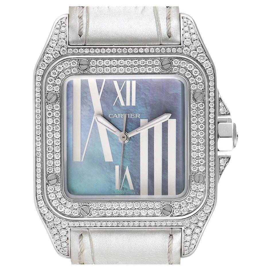 Cartier Santos 100 White Gold Blue MOP Dial Diamond Ladies Watch WM503251 For Sale
