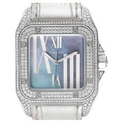 Used Cartier Santos 100 White Gold Blue MOP Dial Diamond Ladies Watch WM503251