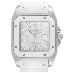 Cartier Santos 100 Orologio da donna in acciaio con cinturino in gomma bianca W20129u2