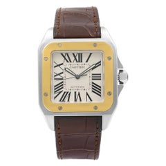Cartier Santos 100 XL 18k Gold Steel Silver Dial Automatic Men's Watch W20072X7