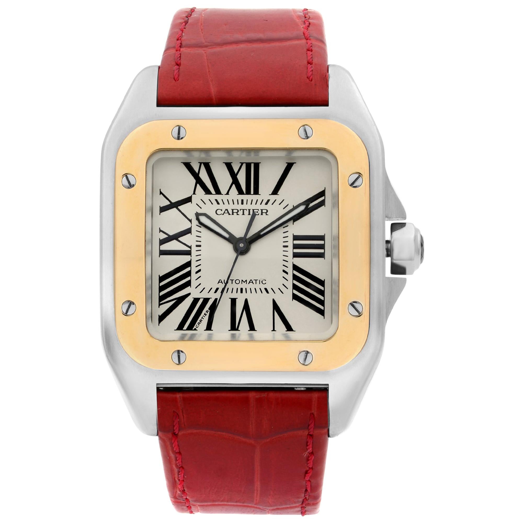 cartier santos 100 18kt rose gold and steel midsize watch w20107x7