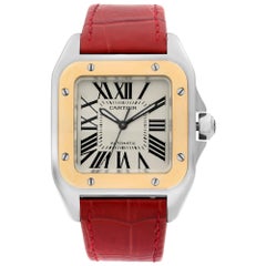 Cartier Santos 100 18k Gold Steel Silver Dial Automatic Midsize Watch W20107X7