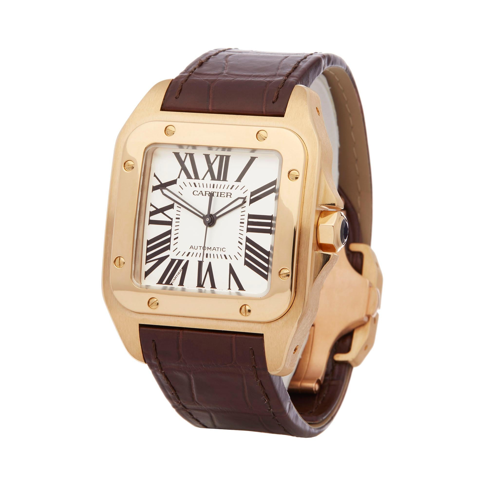 Ref: W6200
Manufacturer: Cartier
Model: Santos
Model Ref: 2657 or W20071Y1
Age: 27th July 2007
Gender: Mens
Complete With: Box, Manuals, Guarantee, Service Pouch and Service Papers dated 5th July 2019 
Dial: White Roman
Glass: Sapphire