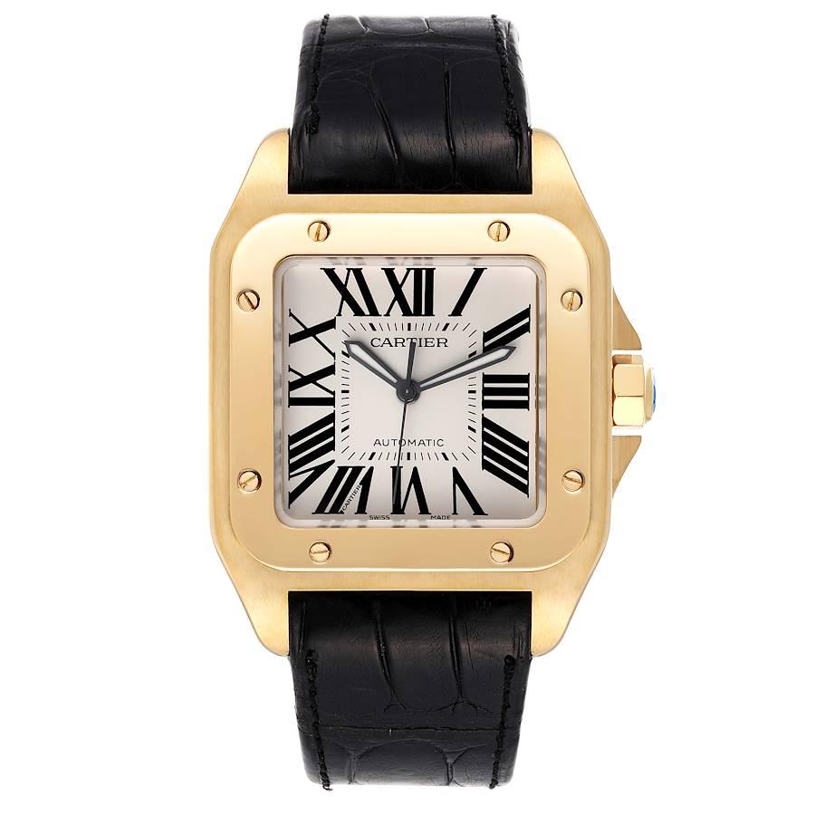 Cartier Santos 100 XL 18K Yellow Gold Black Strap Mens Watch W20071Y1. Automatic self-winding movement caliber 049. 18K yellow gold 38 x 51 mm. Protected octagonal crown set with the faceted spinel. High polished 18K yellow gold bezel punctuated