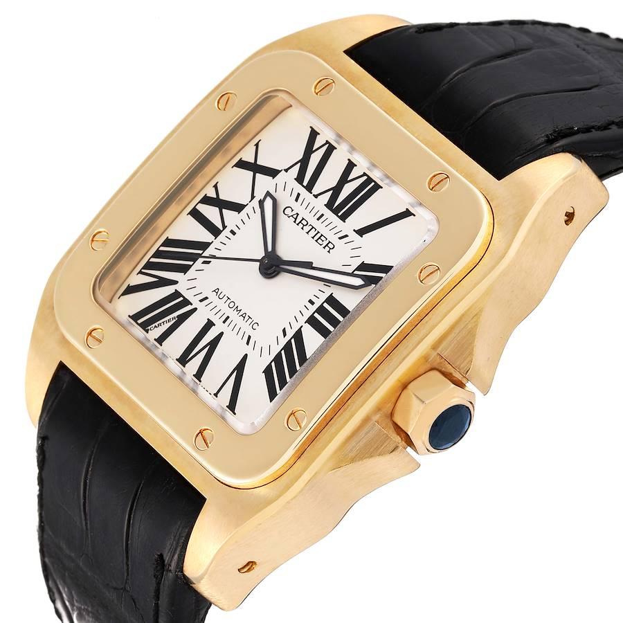 Cartier Santos 100 XL 18K Yellow Gold Black Strap Mens Watch W20071Y1 In Excellent Condition In Atlanta, GA