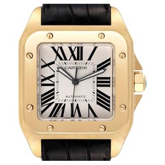 Cartier Santos 100 XL 18K Yellow Gold Black Strap Mens Watch W20071Y1