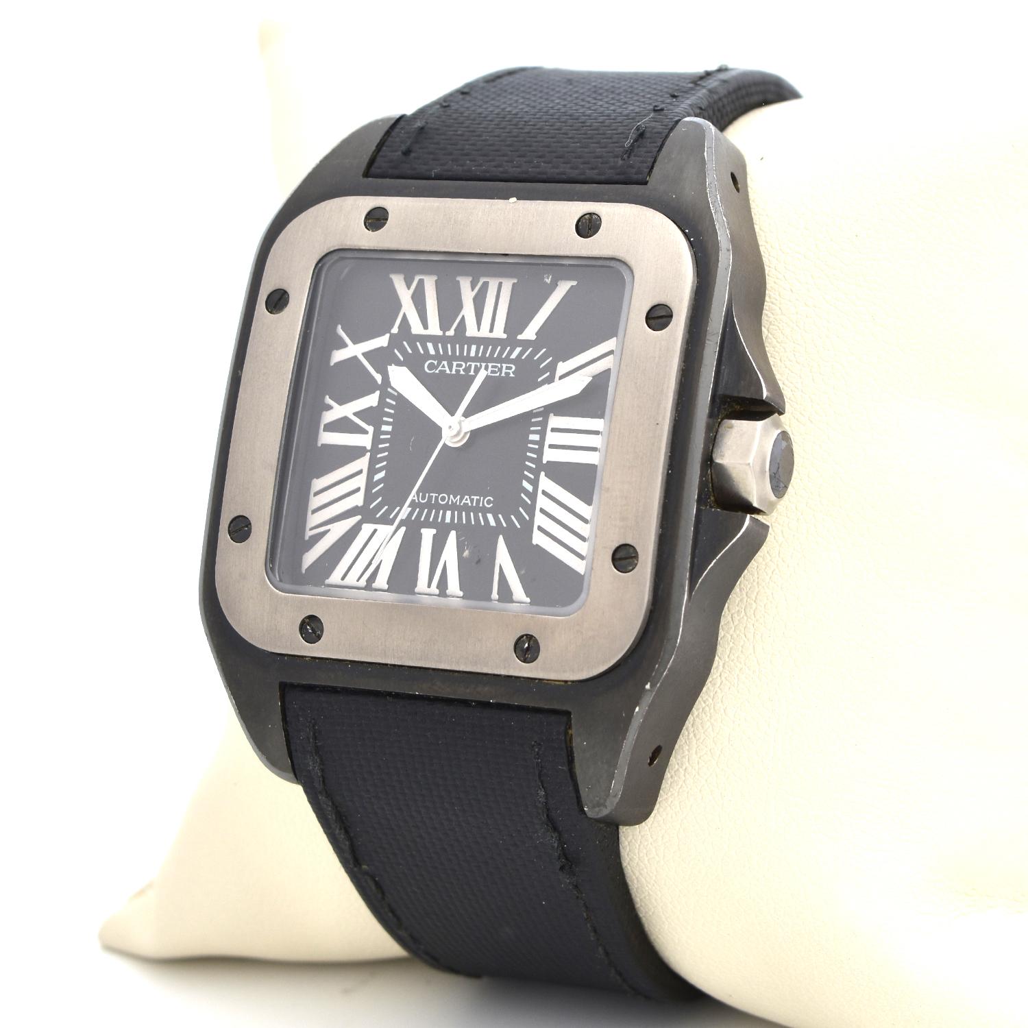 Brand: Cartier

Collection: Santos

Reference: 2656

Movement:  Automatic Self Winding

Case Material: Stainless Steel

Case Size: 38mm

Dial Color: Off white

Hour Markers:  Roman Numeral Hour Markers

Hands: Luminous Hands

Bracelet Material: